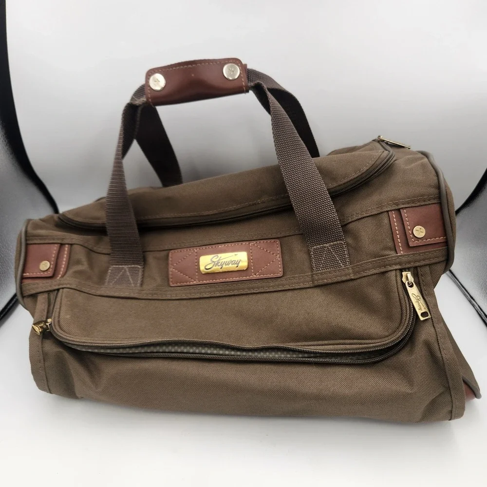 Vintage Skyway Travel Bag Brown Canvas & Leather Duffel Luggage Made in Thailand